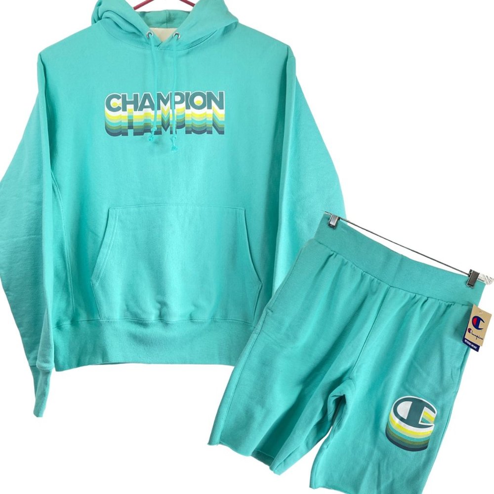 Champion Hoodie Lg & Med Shorts Set Ink Shadow Reverse Weave Hoodie Teal Nw